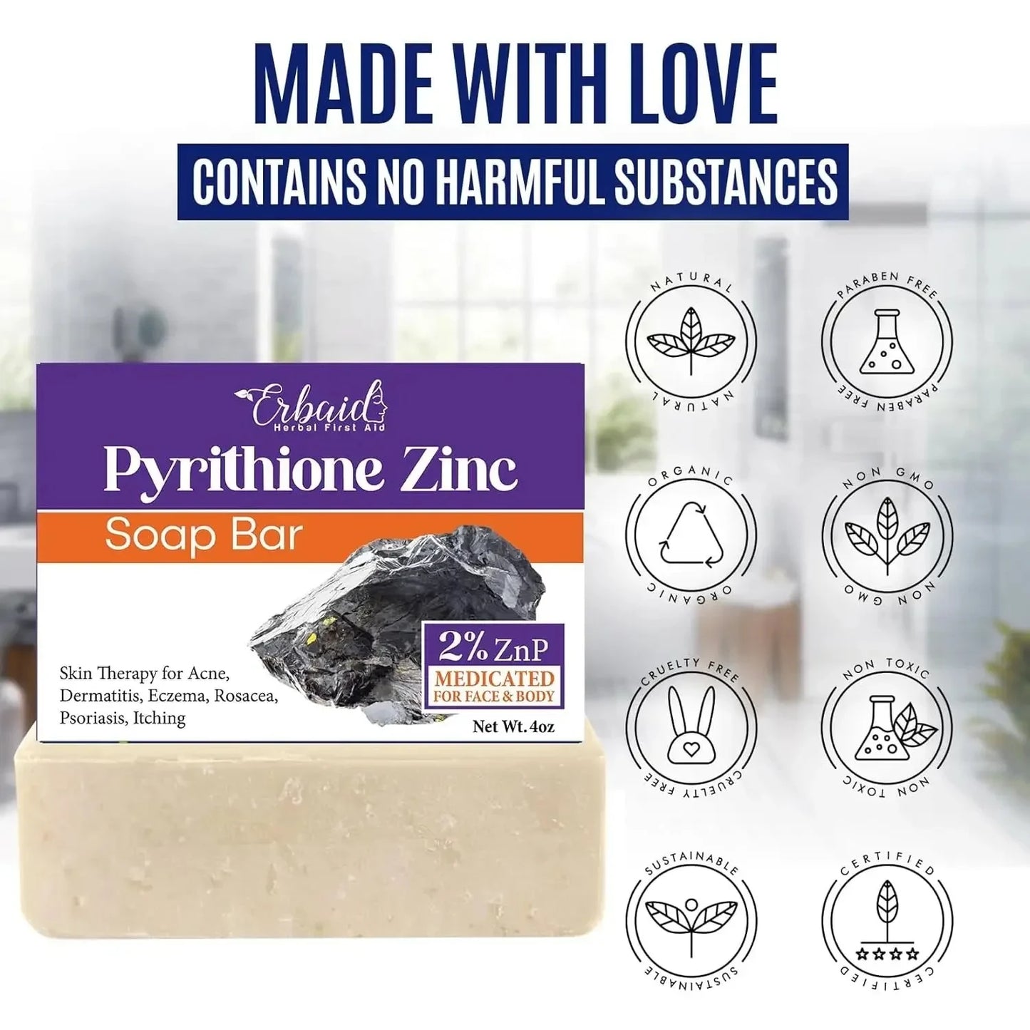Pyrithione Zinc Soap Bar for Face & Body, 4Oz | 2% Znp Bar Soap Skin Repair Cleanser for Acne, Rosacea, Eczema, Dermatitis, Psoriasis, Itching | Cleansing, Calming Zinc Facial Wash Made in USA - USA in UK