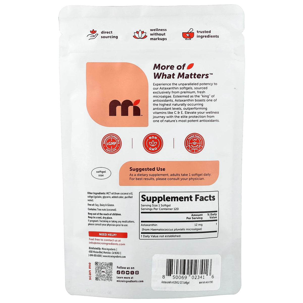 Micro Ingredients Astaxanthin, 12 mg, 120 Softgels - view 2