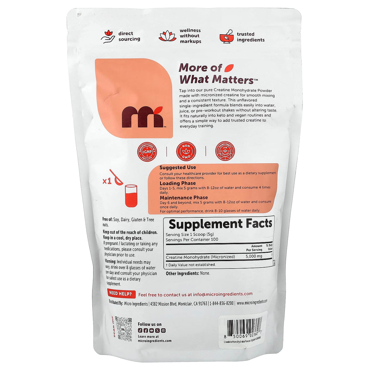 Micro Ingredients Creatine Monohydrate Powder, Unflavoured, 500 g (1.1 lb) - view 2