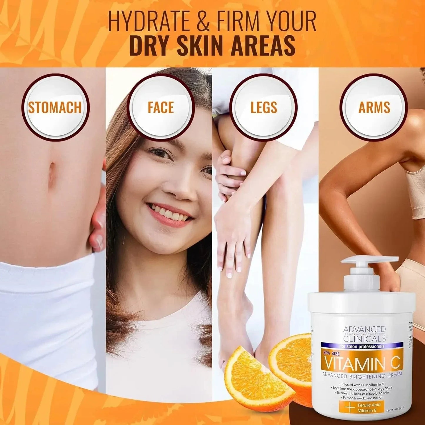 Advanced Clinicals Vitamin C Face & Body Cream Moisturizing Skin Care Lotion, anti Aging Vitamin C Skincare Moisturizer for Body, Face, Age Spots, Wrinkles, & Sun Damaged Skin, Large 16Oz (2-Pack) - USA in UK