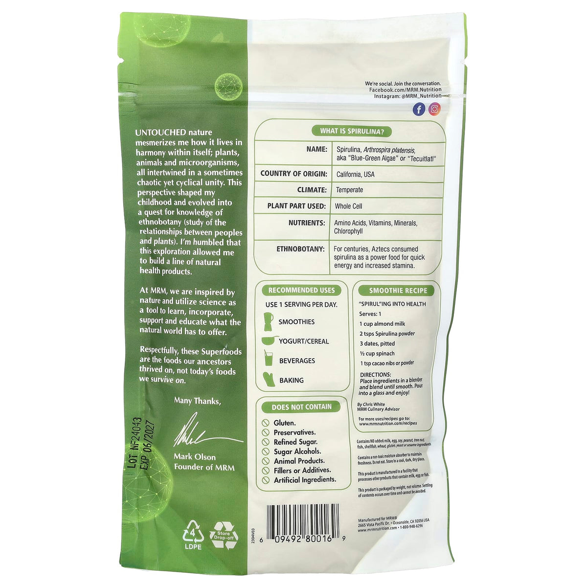 MRM Nutrition Spirulina Powder 240 g (8.5 oz) - view 2