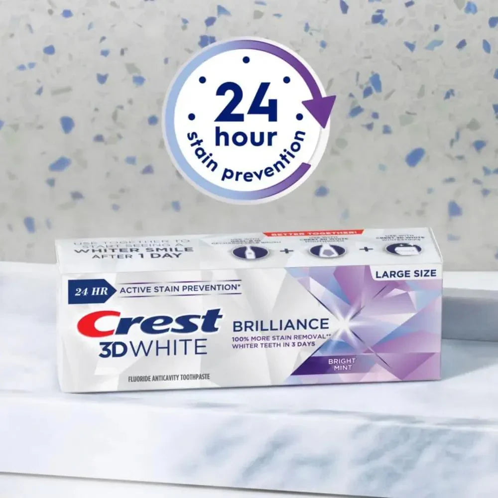 Crest 3D White Brilliance Bright Mint Teeth Whitening Toothpaste, 4.3 Oz Pack of 3, 100% More Surface Stain Removal, 24 Hour Active Stain Prevention, Whiter Teeth in 3 Days - USA in UK