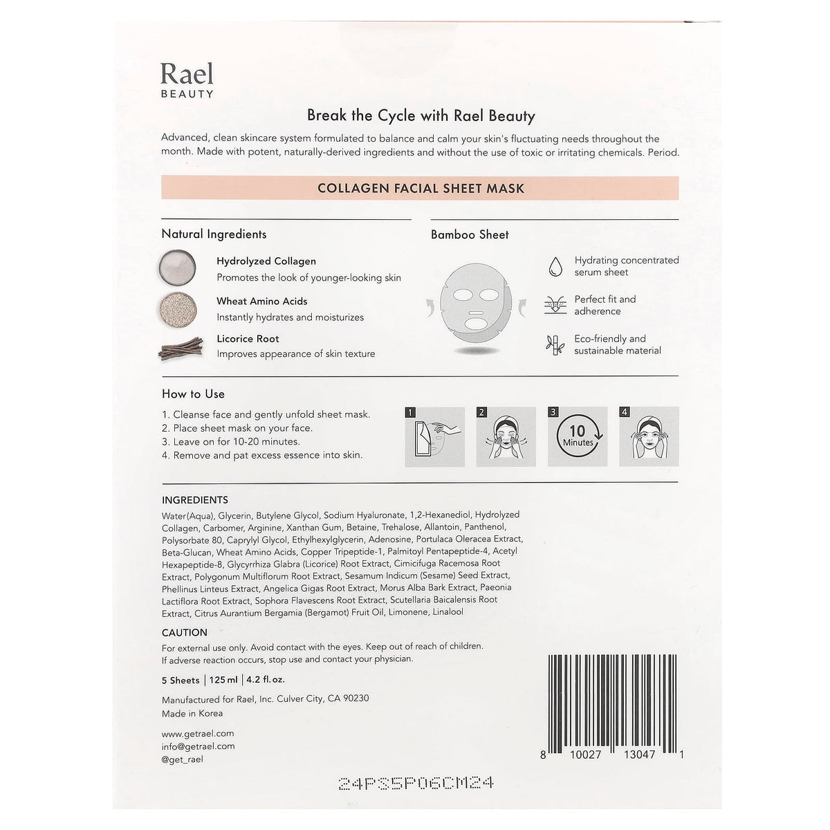 Rael Beauty Collagen Facial Sheet Masks, 5 Sheets (25 ml Each) - view 3