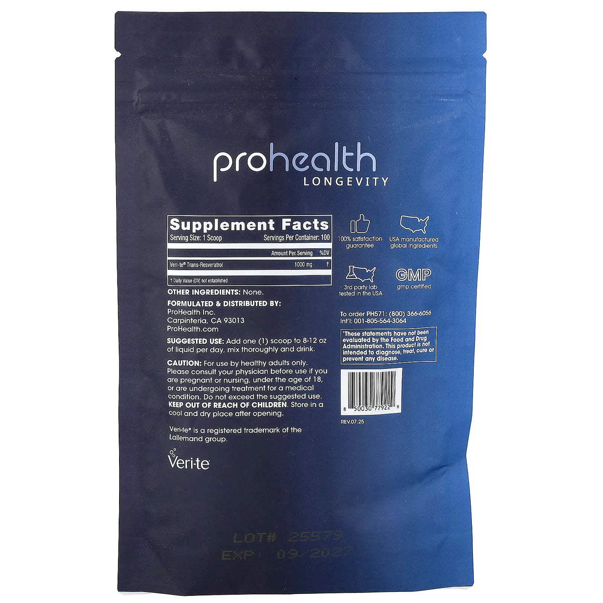 ProHealth Longevity Trans-Resveratrol Pure Powder, 100 g (3.5 oz) - view 2