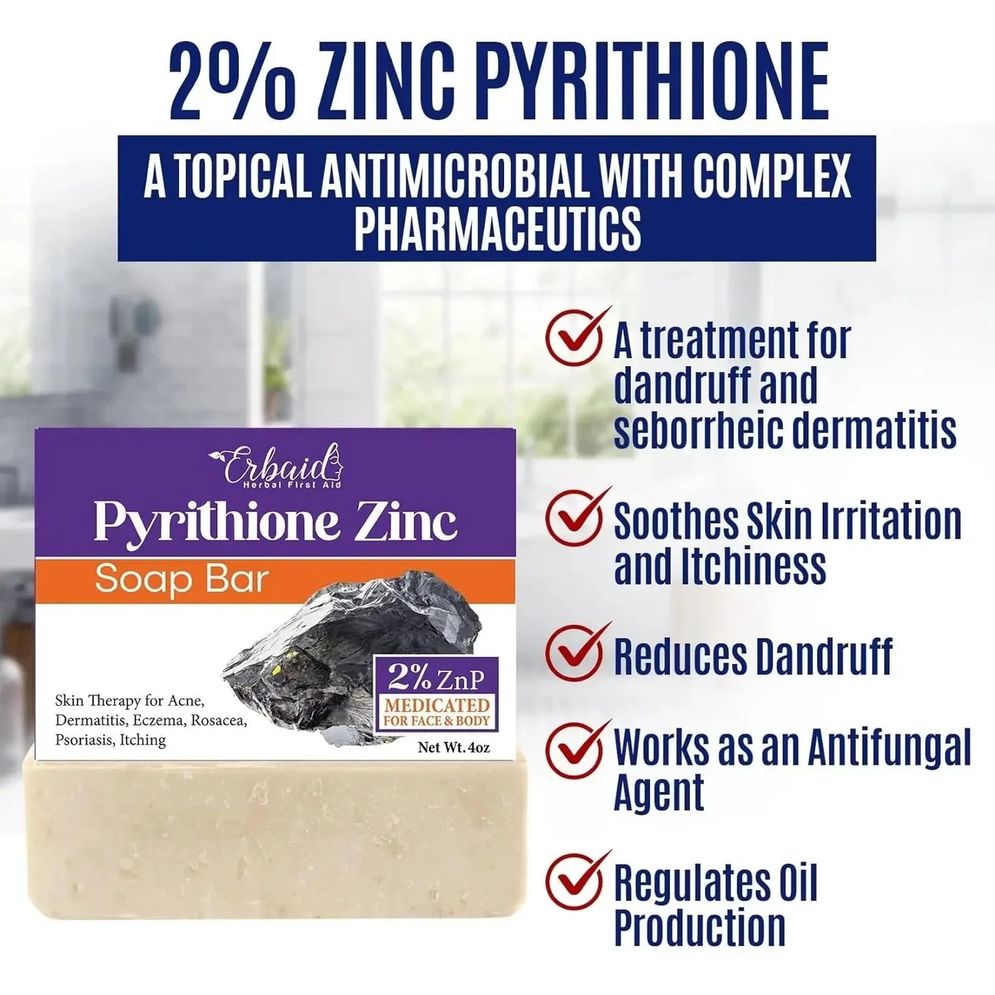 Pyrithione Zinc Soap Bar for Face & Body, 4Oz | 2% Znp Bar Soap Skin Repair Cleanser for Acne, Rosacea, Eczema, Dermatitis, Psoriasis, Itching | Cleansing, Calming Zinc Facial Wash Made in USA - USA in UK