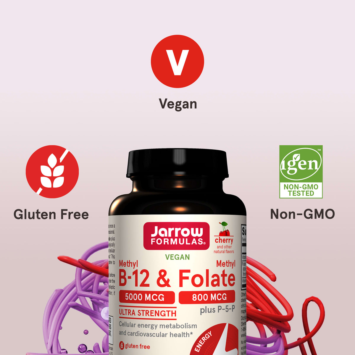 Jarrow Formulas Vegan Methyl B-12 & Methyl Folate, Cherry, 60 Chewable Tablets - view 6
