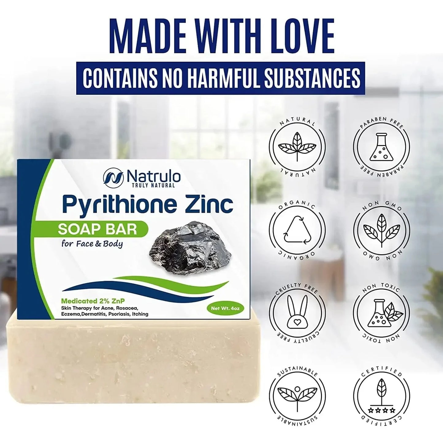 Pyrithione Zinc Soap Bar for Face & Body, 4Oz | Medicated 2% Znp Bar Soap Skin Therapy Cleanser for Acne, Rosacea, Eczema, Dermatitis, Psoriasis, Itching | Cleansing, Calming Facial Wash Made in USA - USA in UK