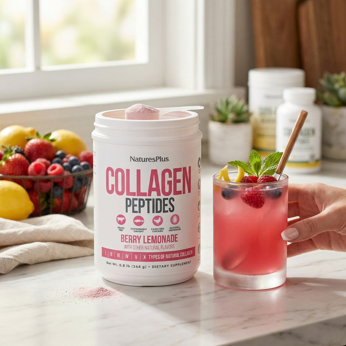 NaturesPlus Collagen Peptides, Berry Lemonade, 364 g (0.8 lb) - view 6
