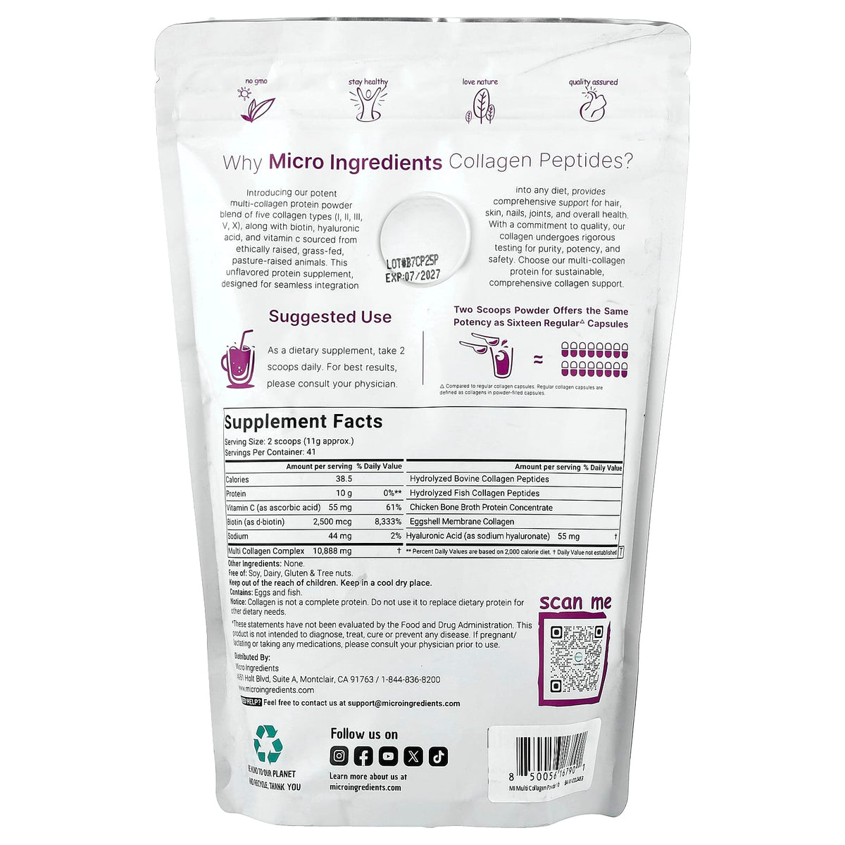 Micro Ingredients Multi Collagen Peptides, Unflavoured, 454 g (1 lb) - view 2