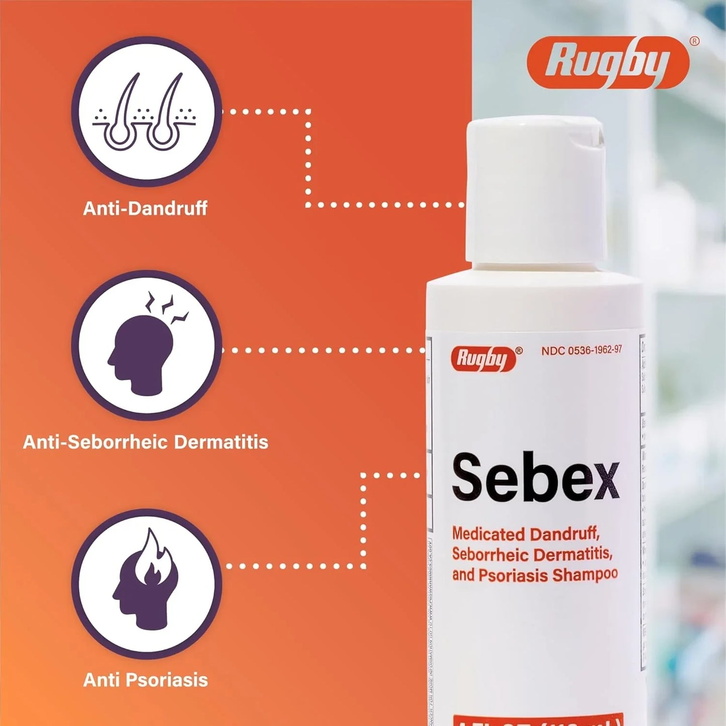 Rugby Sebex Medicated Dandruff Shampoo for Women and Men - 2% Sulfur and 2% Salicylic Acid Anti-Dandruff Shampoo - Helps with Symptoms of Seborrheic Dermatitis and Psoriasis - 4 Oz. (1 Pack) - USA in UK