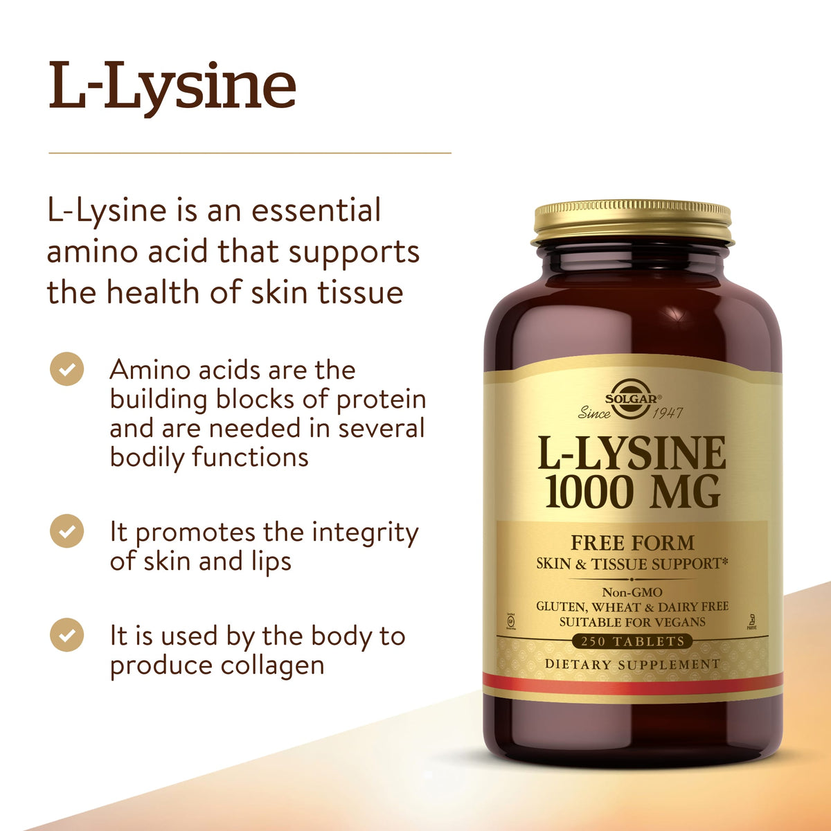 Solgar L-Lysine, Free Form, 1,000 mg, 250 Tablets - view 5