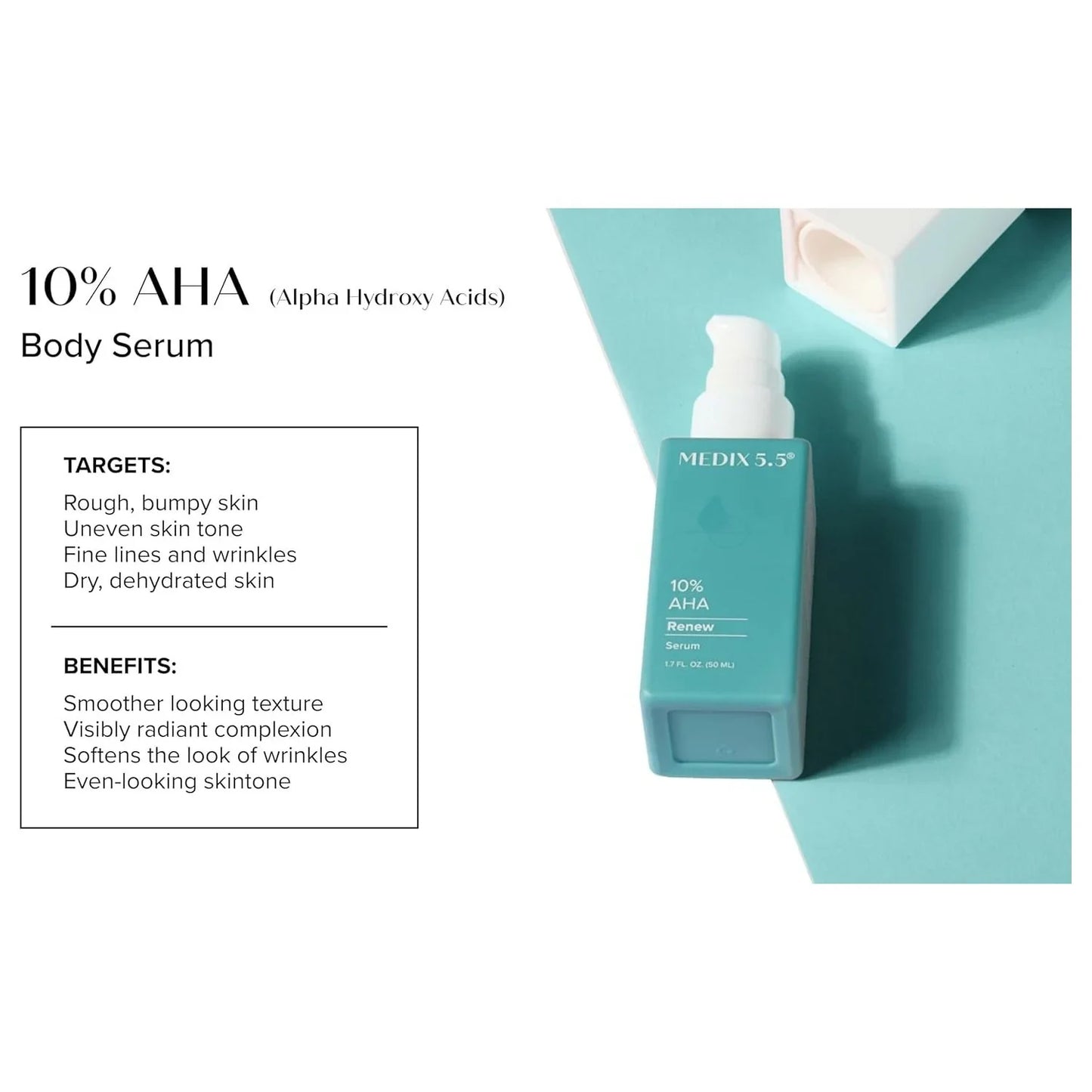 MEDIX 10% Glycolic Acid + Lactic Acid Leave-On Exfoliating Skin Care Body Gel | AHA Exfoliant Body & Face Serum Refines + Softens Dry Dead Skin, Uneven Skin Tone, KP Bumps, & Wrinkles, 1.7 Fl Oz - USA in UK