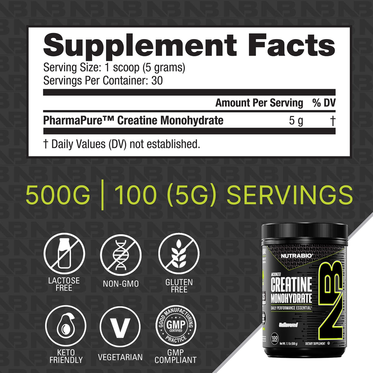 NutraBio Micronized Creatine Monohydrate, Unflavored, 500 g (1.1 lb) - view 3