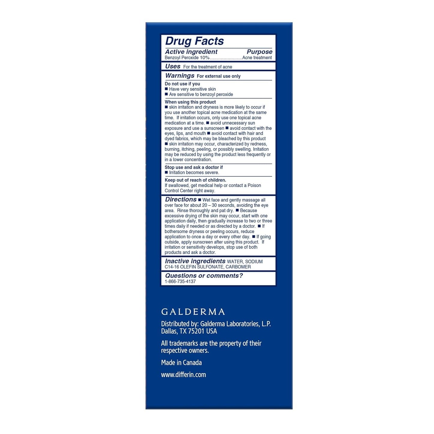 Drug facts and usage instructions for Differin Acne Foaming Wash with 10% benzoyl peroxide.