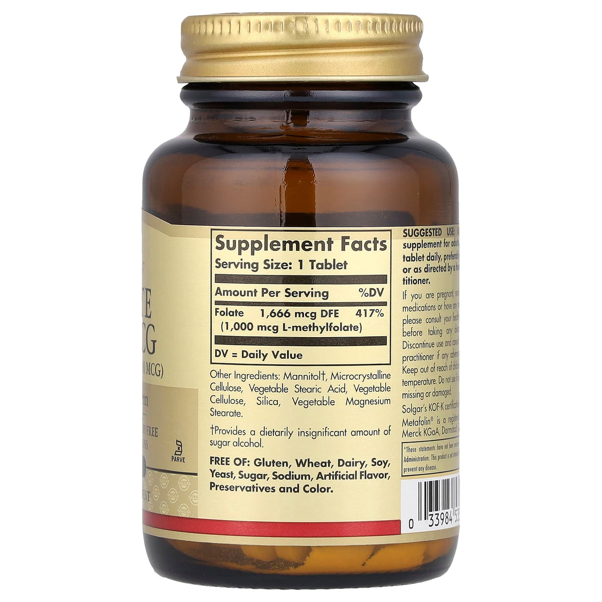 Solgar Folate 1,000 mcg (Metafolin), 120 Tablets - view 2