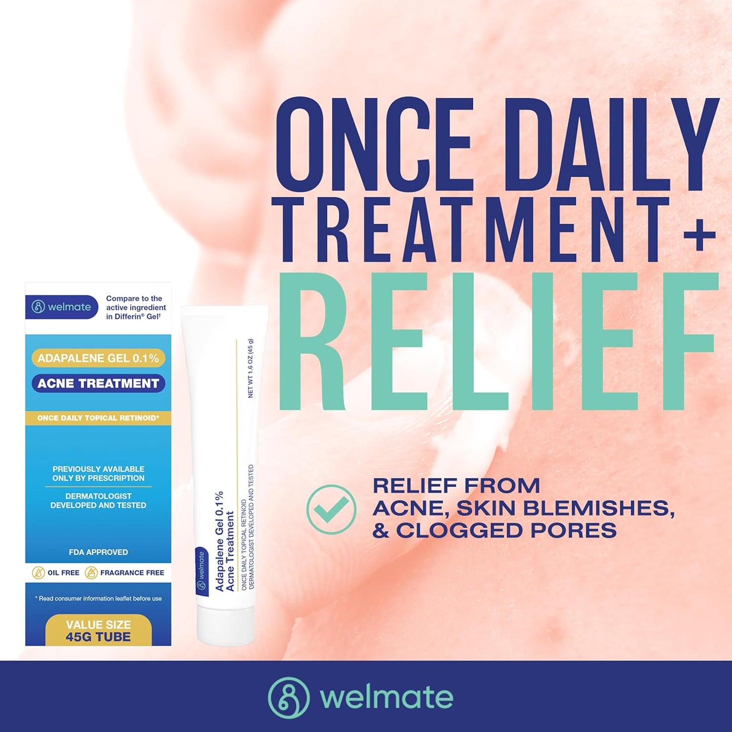 WELMATE Adapalene Gel 0.1% - FSA HSA Approved Acne Treatment - Daily Topical Skincare - Pimple & Acne Cream - Oil & Fragrance Free - Dermatologist Tested & Approved - 1.6Oz/45G, 2 PACK