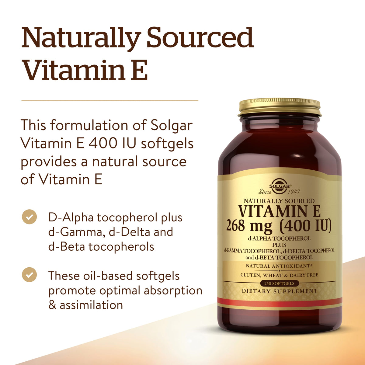 Solgar Vitamin E Naturally Sourced, 268 mg (400 IU), 250 Softgels - view 6