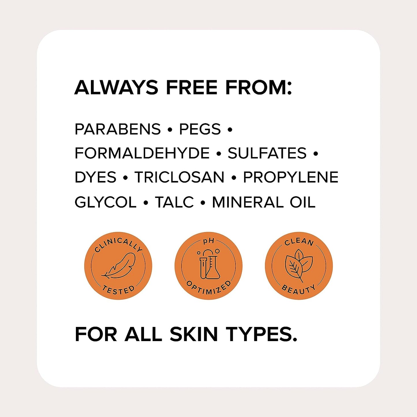 Medix 5.5 product benefits highlighting free from parabens, sulfates, dyes, and suitable for all skin types with clean beauty icons.