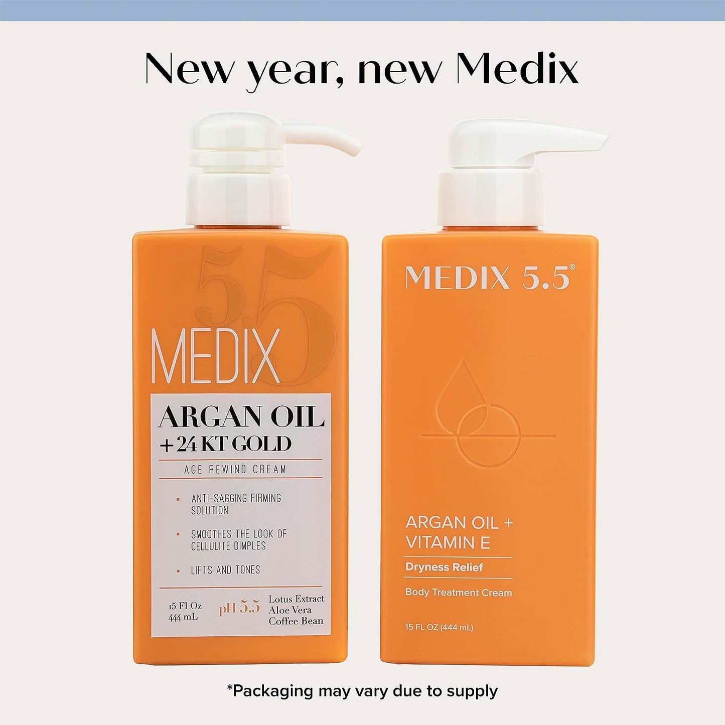 Medix 5.5 Argan Oil + 24KT Gold Age Rewind Cream and Argan Oil + Vitamin E Dryness Relief Cream, 15 fl oz bottles side by side.