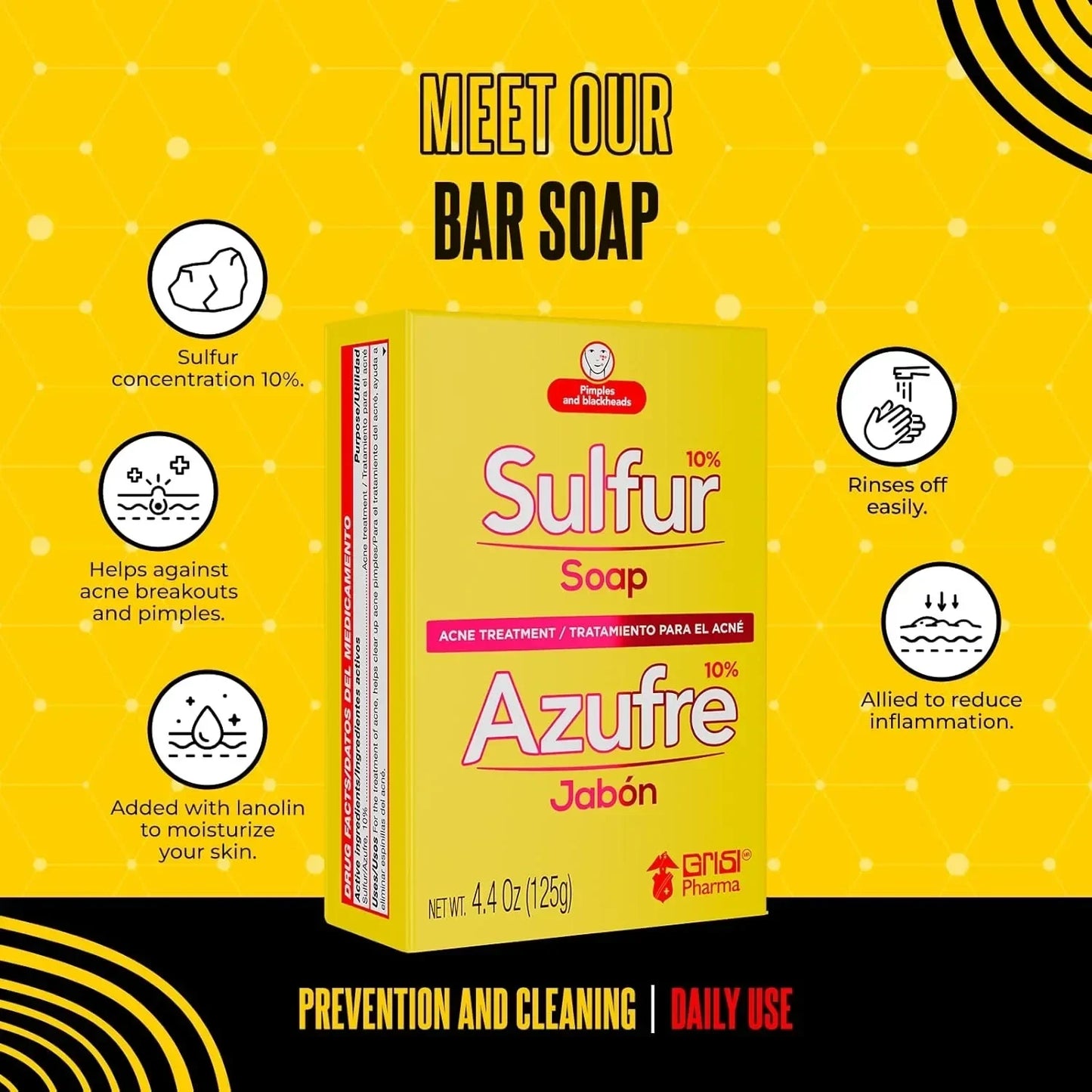 Biosulfur Grisi Sulfur Soap, Acne Treatment, Cleaner Bar Soap, Sulfur 10%, 4.4 Oz, Bar Soaps - USA in UK