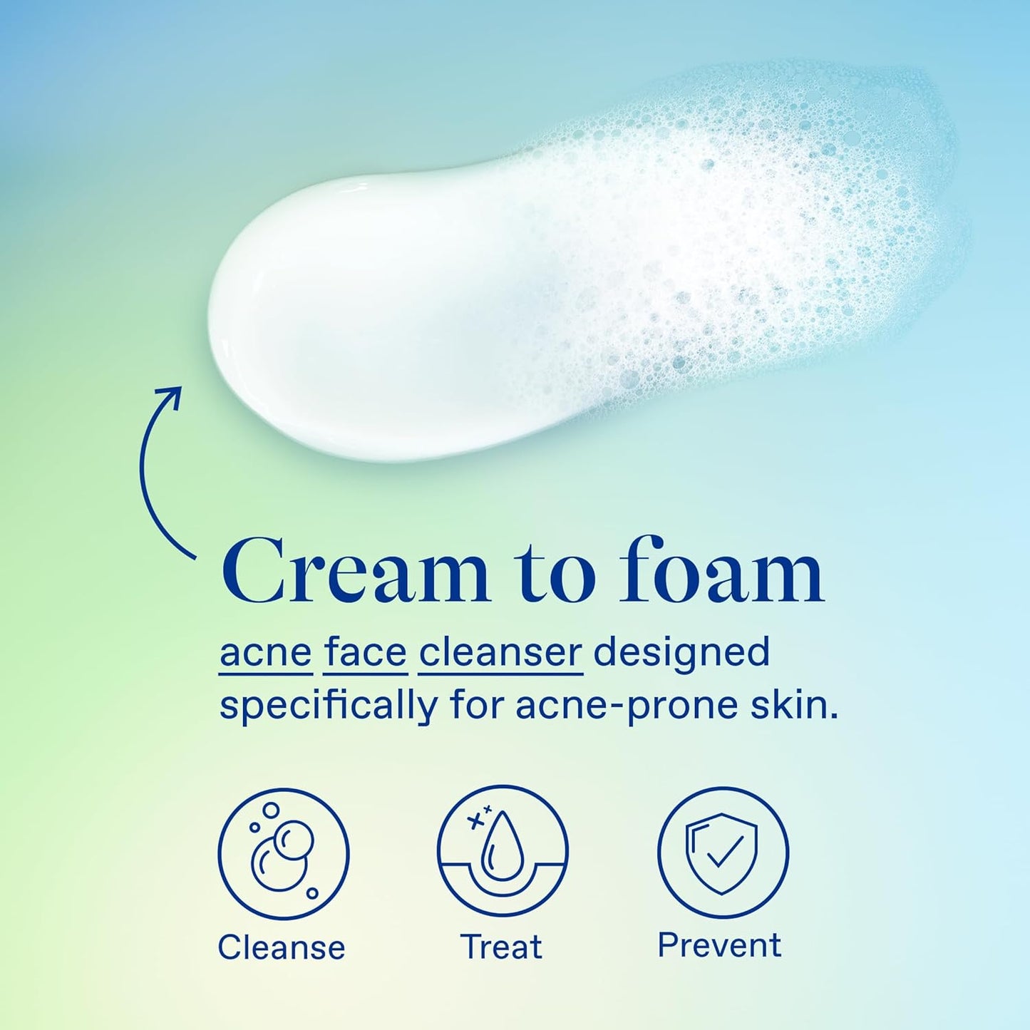 Cream to foam acne face cleanser for acne-prone skin with cleansing, treating, and preventing properties.