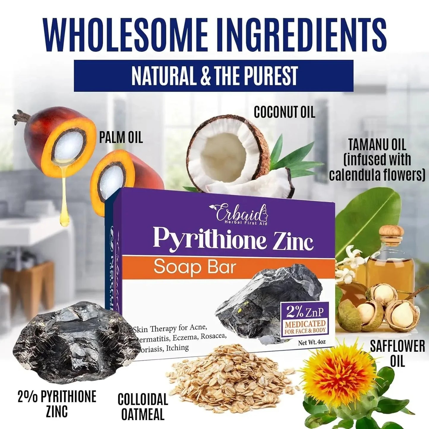Pyrithione Zinc Soap Bar for Face & Body, 4Oz | 2% Znp Bar Soap Skin Repair Cleanser for Acne, Rosacea, Eczema, Dermatitis, Psoriasis, Itching | Cleansing, Calming Zinc Facial Wash Made in USA - USA in UK