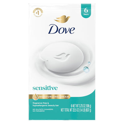 Dove Sensitive Beauty Bar Soap, Fragrance-Free, 3.75 oz, 6 Bars