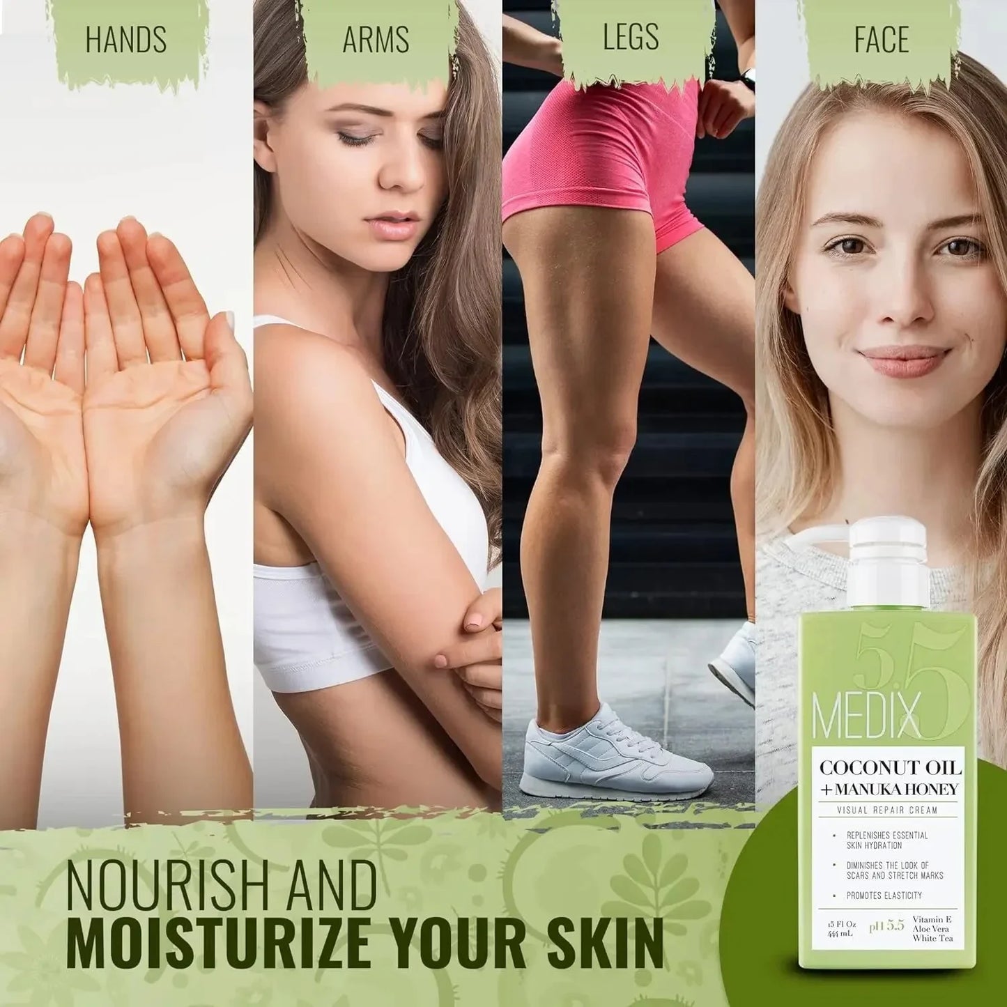 Medix 5.5 Coconut Oil Lotion Skin Care Body & Face Moisturizer Cream, W/Manuka Honey, Vitamin E, & Aloe Vera Helps Visually Repair Dry Skin, Scars, Stretch Marks, & Wrinkles, 444 Ml - USA in UK