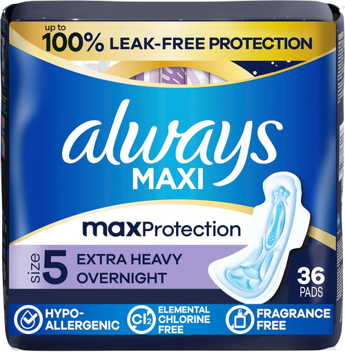 Always Maxi Overnight Pads with Wings, Size 5, Unscented, 36 Count