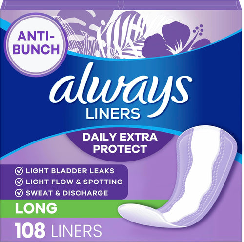 Always Anti-Bunch Xtra Protection Panty Liners, Long, Unscented, 108 Count