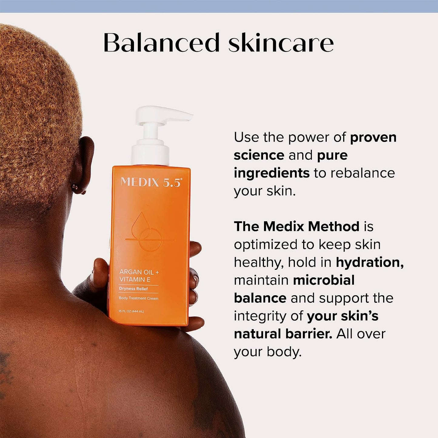 Person holding Medix 5.5 Argan Oil + Vitamin E Dryness Relief Cream, emphasizing balanced skincare and hydration benefits.