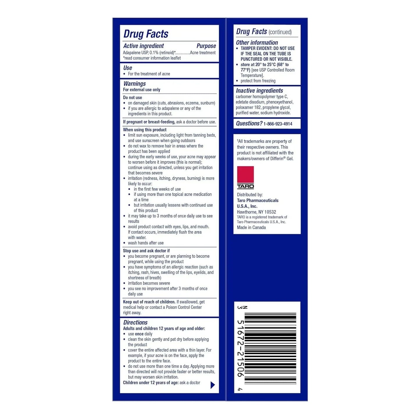 Taro Adapalene 0.1% Acne Treatment Gel - Paraben Free (1.6 oz) - USA in UK