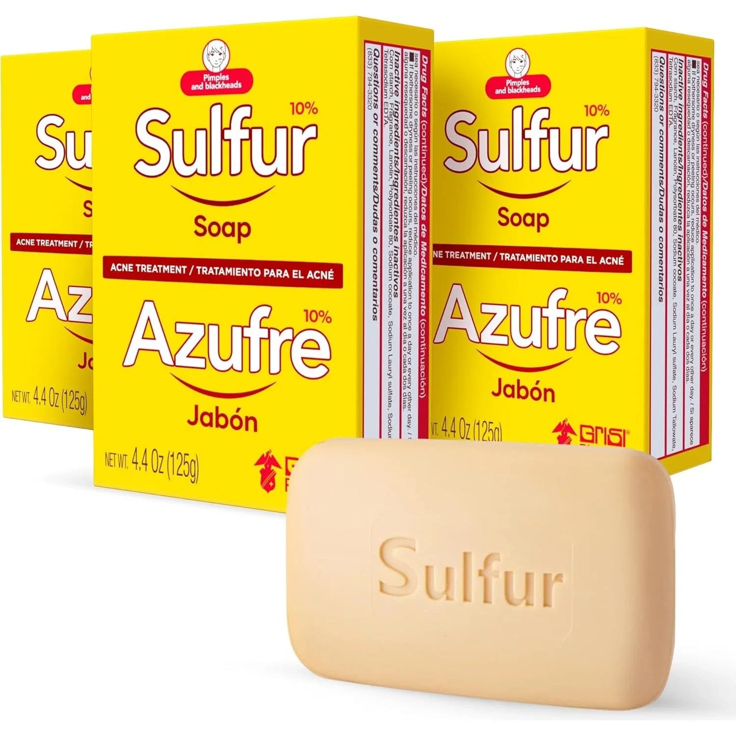 Biosulfur Grisi Sulfur Soap, Acne Treatment, Cleaner Bar Soap, Sulfur 10%, 3-Pack of 4.4 Oz, Bar Soaps - USA in UK