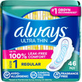 Always Ultra Thin Pads with Wings, Size 1 Regular, Unscented, 46 Count