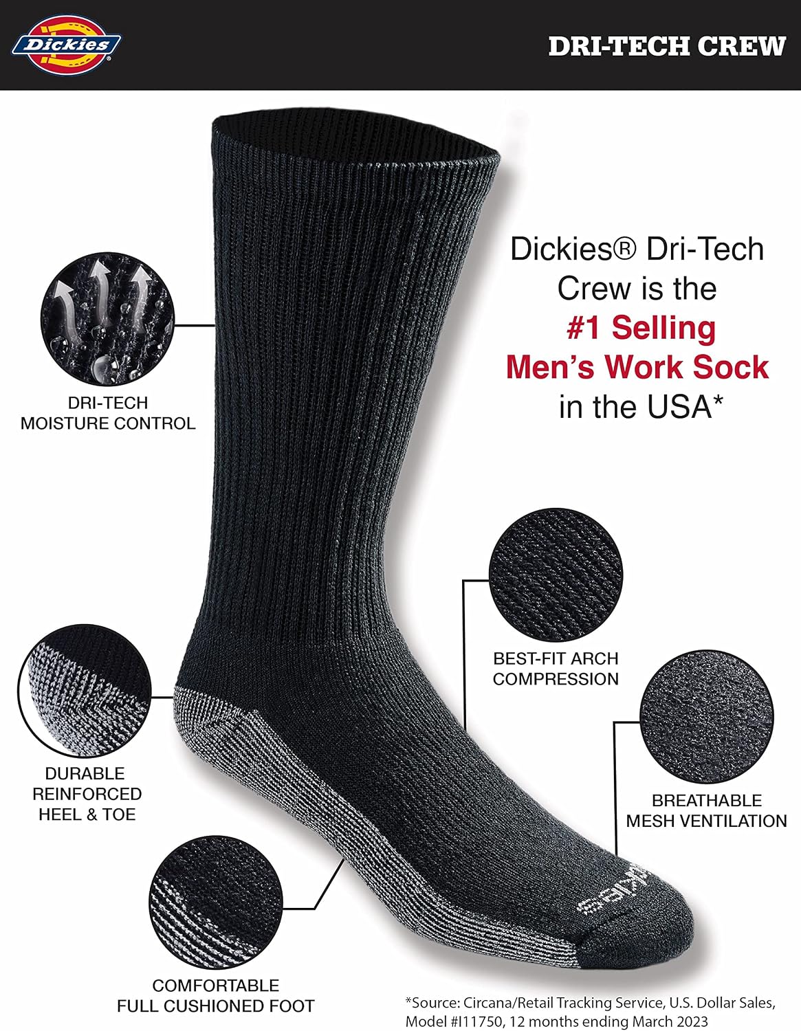 Dickies Men's Dri-Tech Crew Socks, Black, Medium, 6 Pairs - view 3