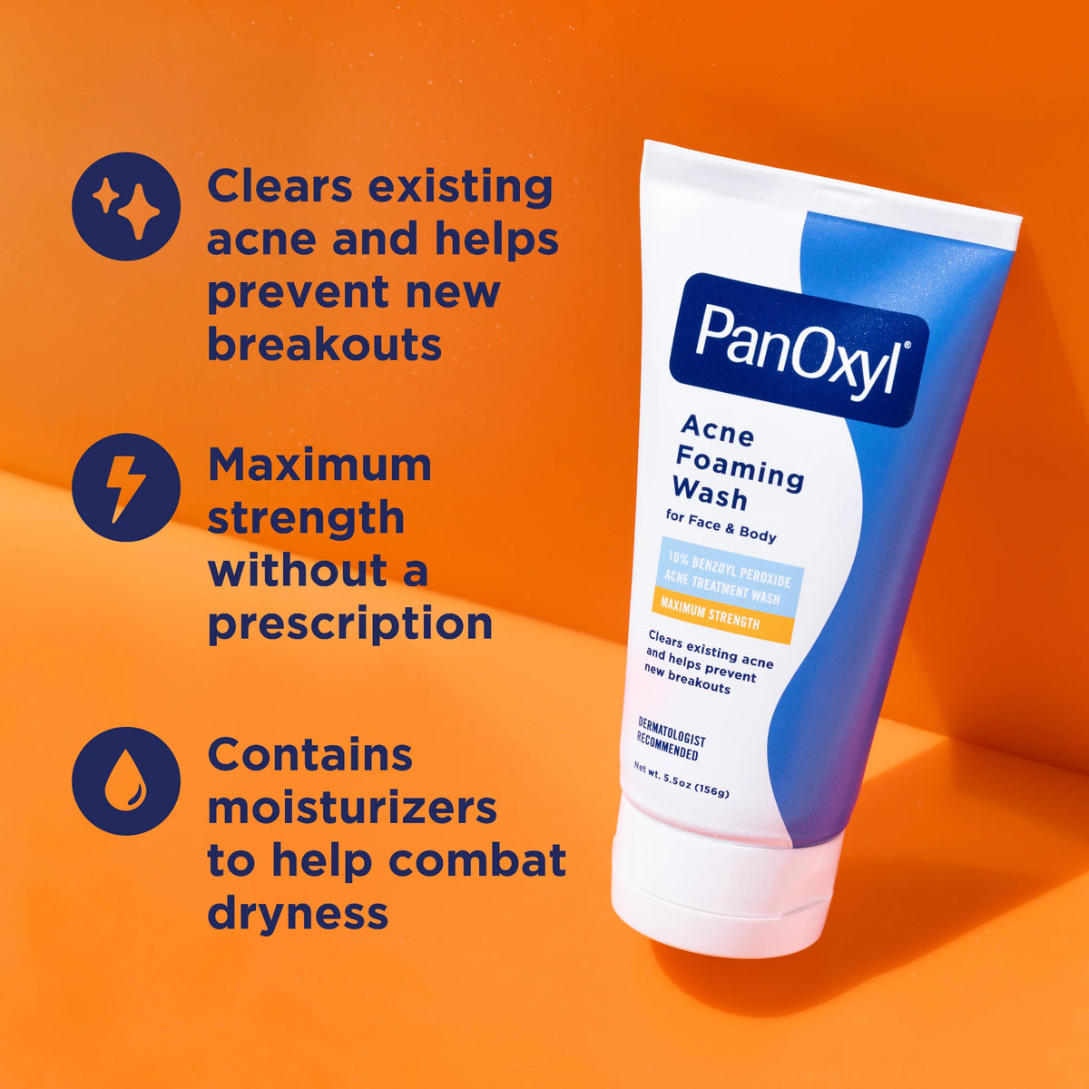 PanOxyl Foaming Wash 10% Benzoyl Peroxide 156 g - Product tube with key benefits on orange background