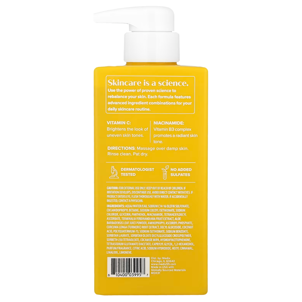 Medix 5.5 Radiant Glow Body Wash with Vitamin C and Niacinamide, 15 fl oz, dermatologist tested, no added sulfates.
