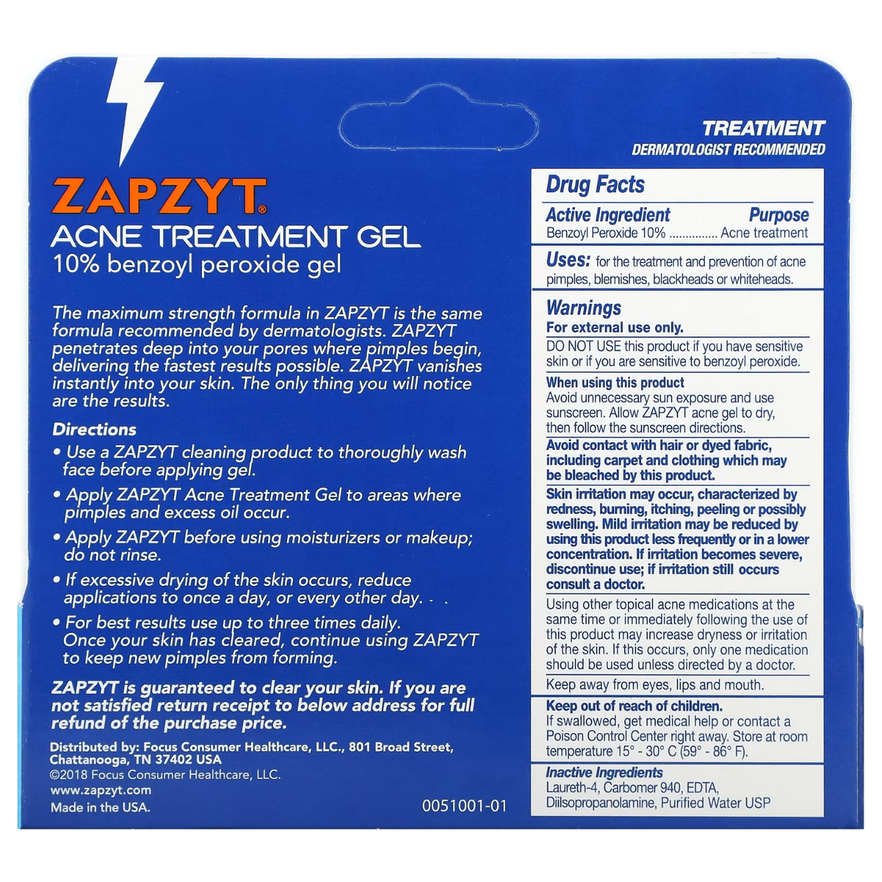 Zapzyt Maximum Strength 10% Benzoyl Peroxide Acne Treatment Gel 1 oz