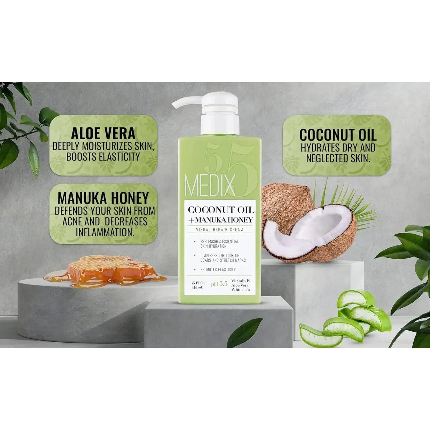 Medix 5.5 Coconut Oil Lotion Skin Care Body & Face Moisturizer Cream, W/Manuka Honey, Vitamin E, & Aloe Vera Helps Visually Repair Dry Skin, Scars, Stretch Marks, & Wrinkles, 444 Ml - USA in UK