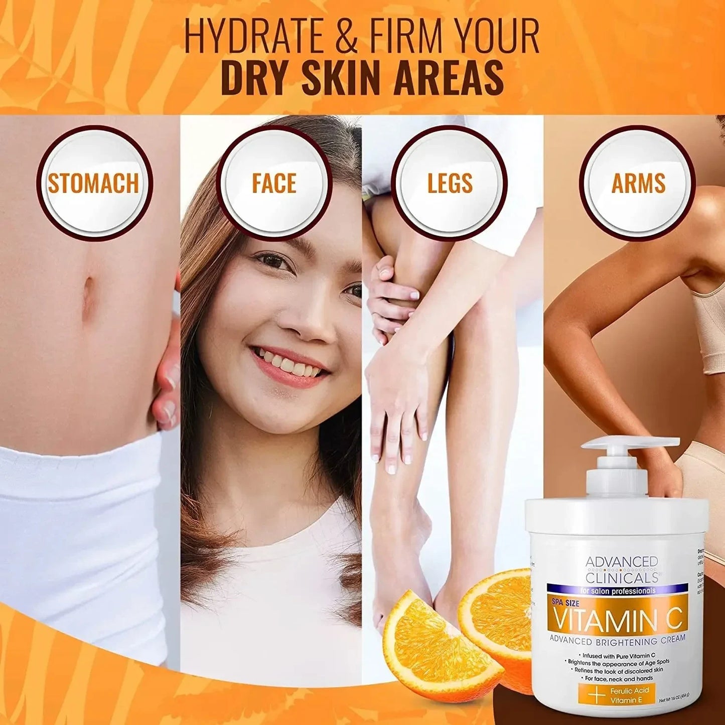 Advanced Clinicals Vitamin C Cream Face & Body Lotion Moisturizer | anti Aging Skin Care Firming & Brightening Cream for Body, Face, Uneven Skin Tone, Wrinkles, & Sun Damaged Dry Skin, 16 Oz - USA in UK