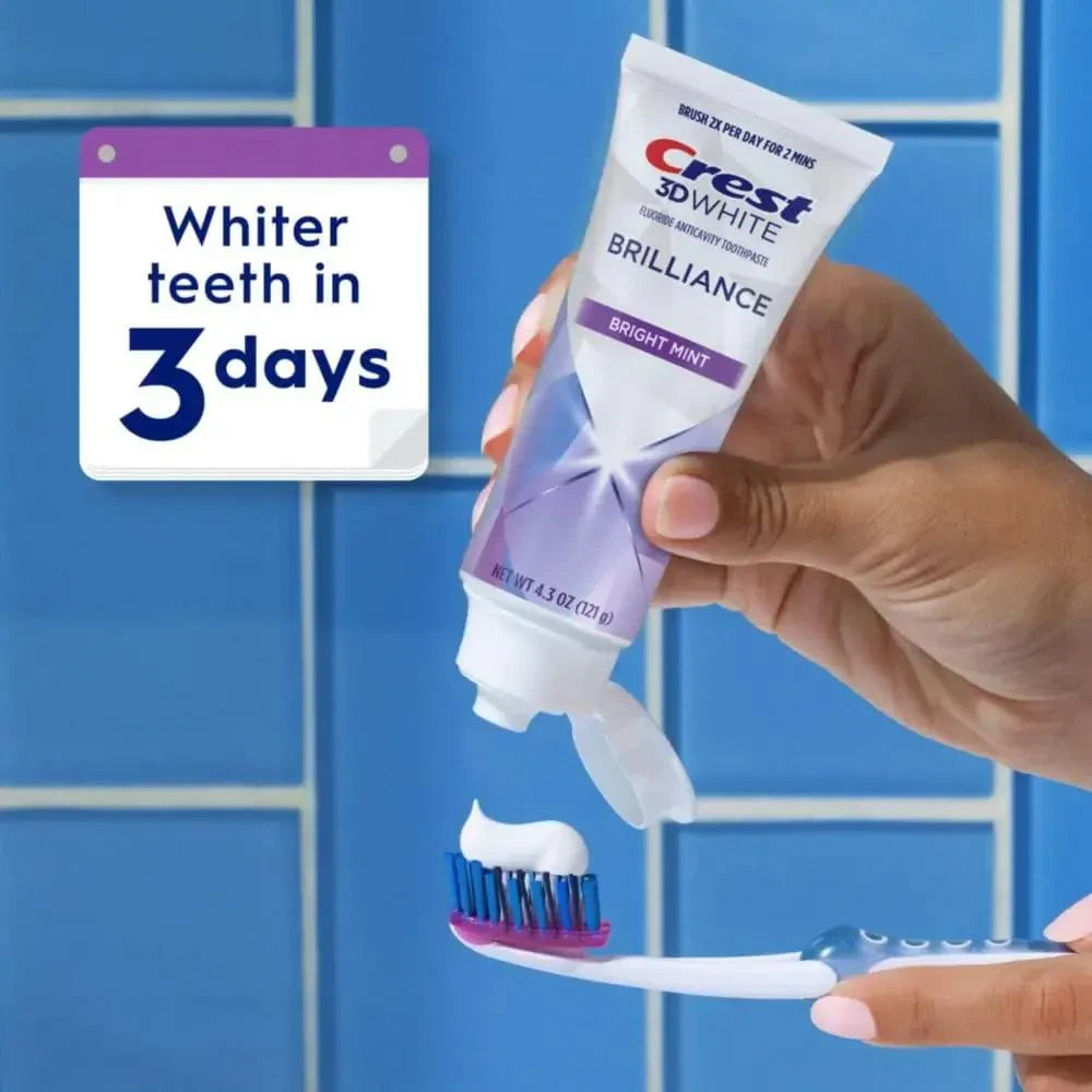 Crest 3D White Brilliance Bright Mint Teeth Whitening Toothpaste, 4.3 Oz Pack of 3, 100% More Surface Stain Removal, 24 Hour Active Stain Prevention, Whiter Teeth in 3 Days - USA in UK