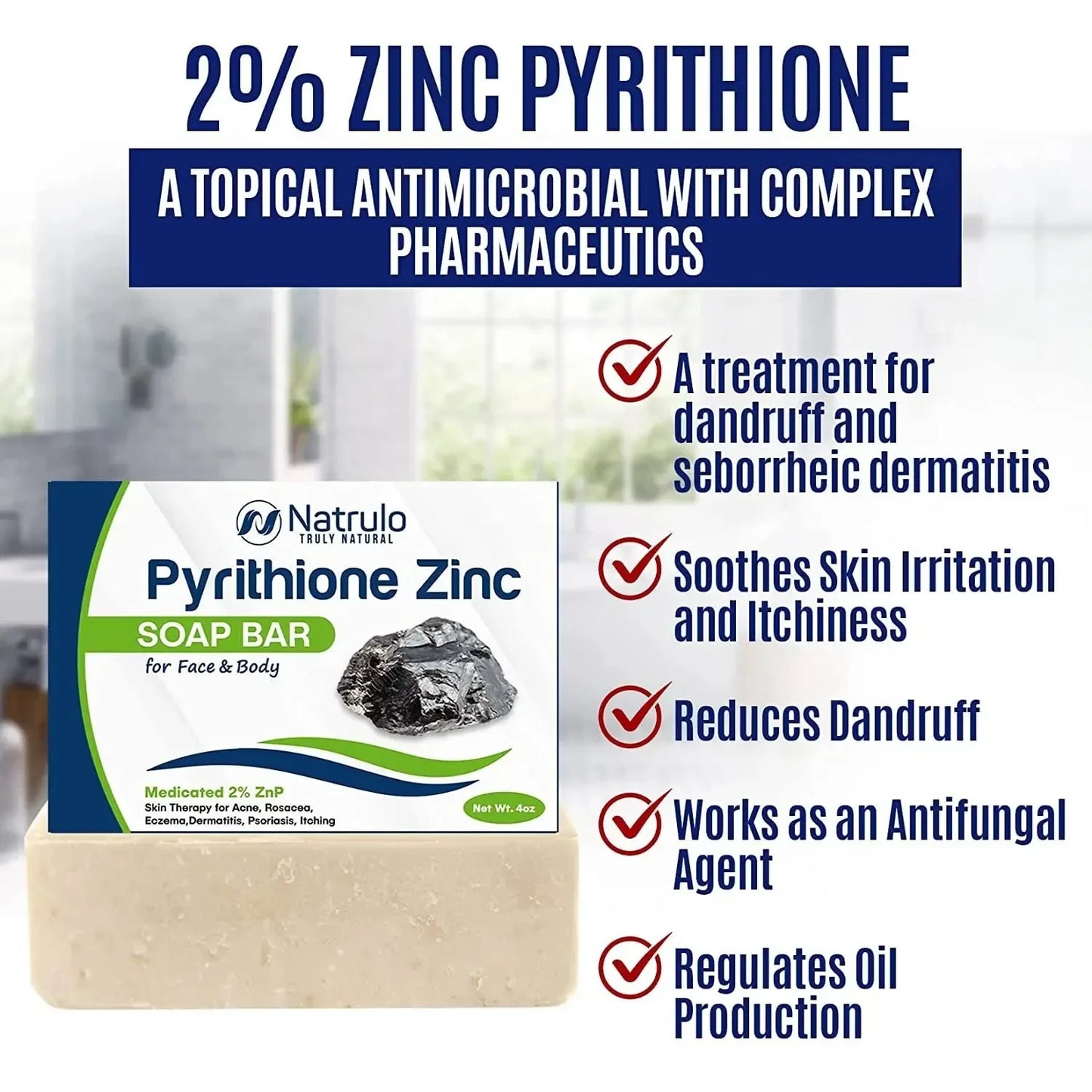 Pyrithione Zinc Soap Bar for Face & Body, 4Oz | Medicated 2% Znp Bar Soap Skin Therapy Cleanser for Acne, Rosacea, Eczema, Dermatitis, Psoriasis, Itching | Cleansing, Calming Facial Wash Made in USA - USA in UK