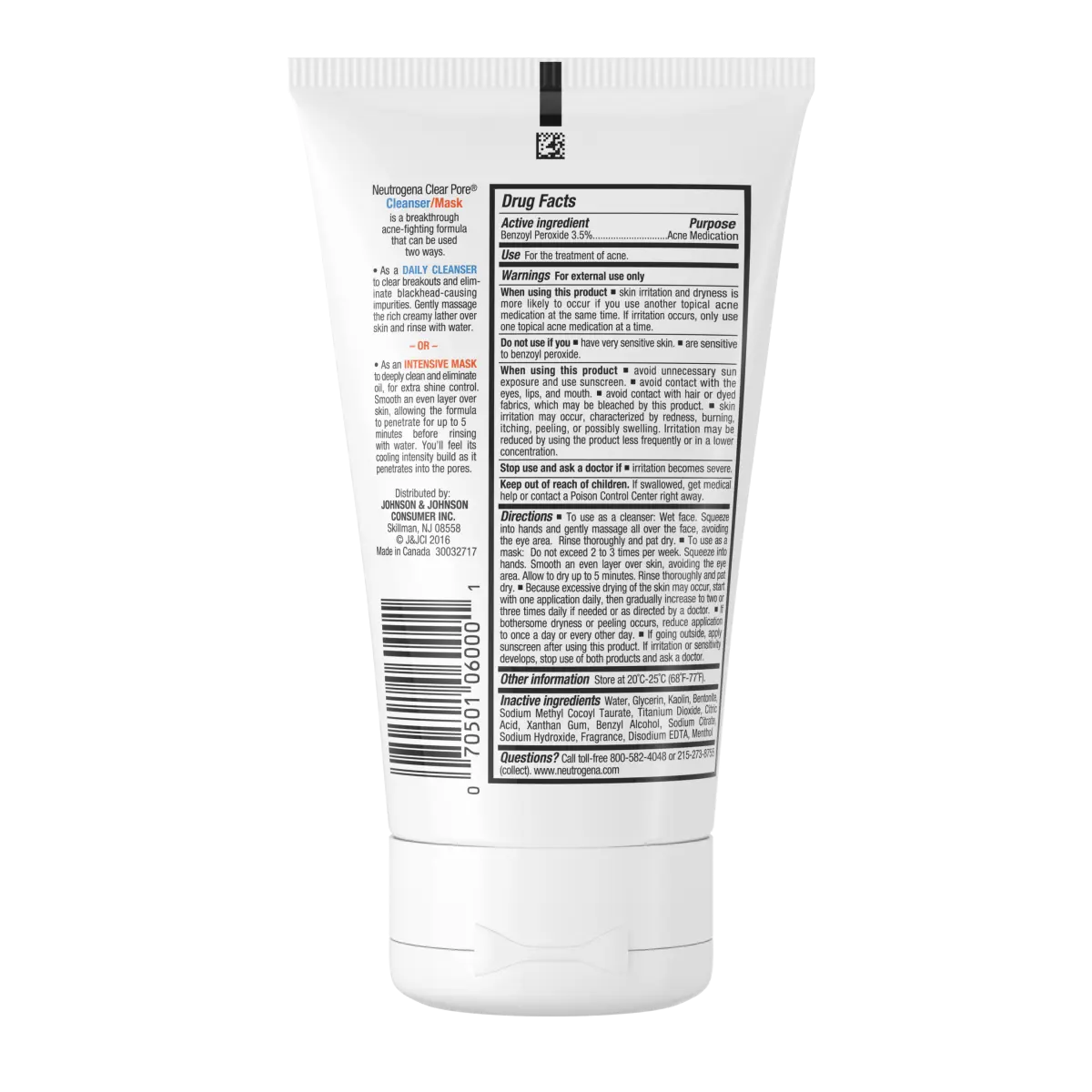 Neutrogena Clear Pore Cleanser/Mask back label showing 3.5% benzoyl peroxide, directions and ingredients