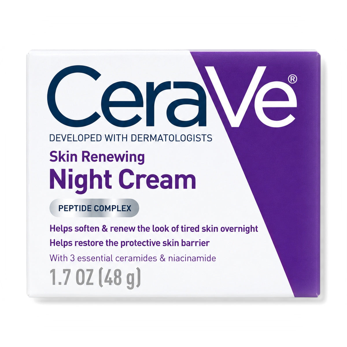 CeraVe Skin Renewing Night Cream carton standing upright on a plain white background