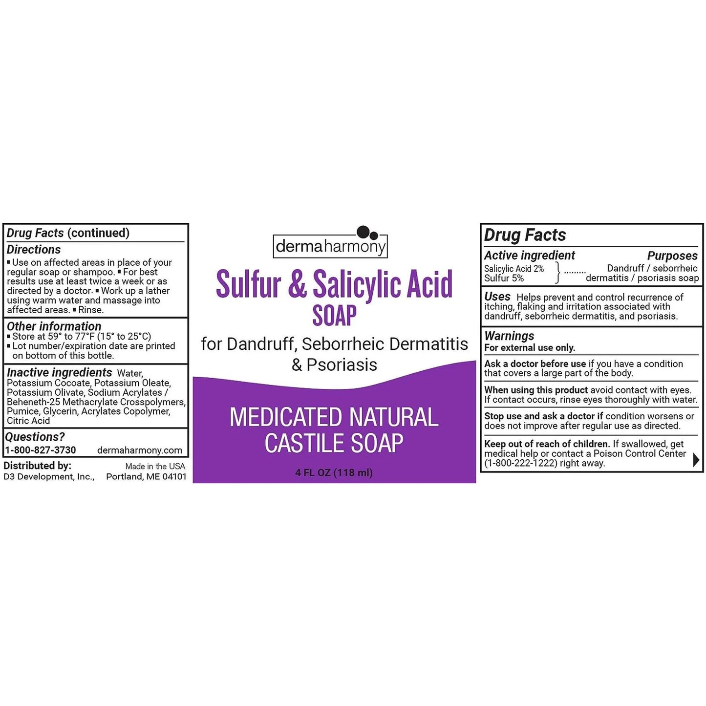 Dermaharmony 5% Sulfur and 2% Salicylic Acid Liquid Castile Soap (4 Fl Oz Bottle) - USA in UK