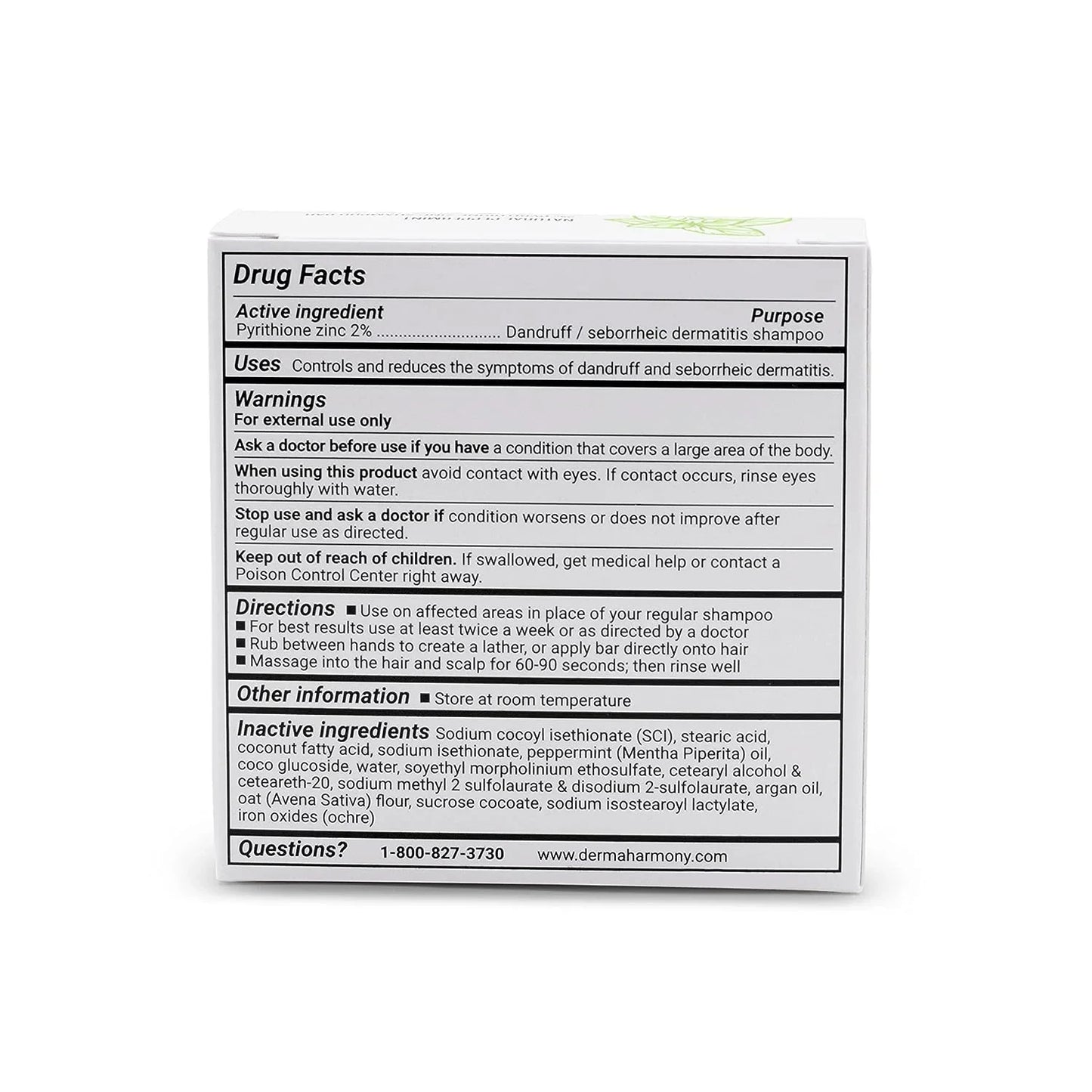 Dermaharmony 2% Pyrithione Zinc Shampoo Bar for Dandruff and Seborrheic Dermatitis - Peppermint (4 Oz) - USA in UK