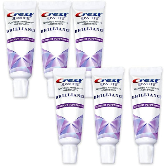 Crest 3D White Brilliance Toothpaste, Vibrant Peppermint, Travel Size 0.85 Oz (24G) - Pack of 6
