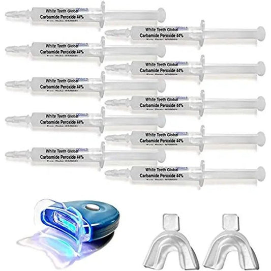 Very Strong 44% Carbamide Peroxide 10 Syringes (3Cc) of Teeth Whitening Gel - 1 LED Accelerator Light - 2 Trays - Shade Guide -Instructions Sheet - May Cause Sensitivity and Gum Irritation