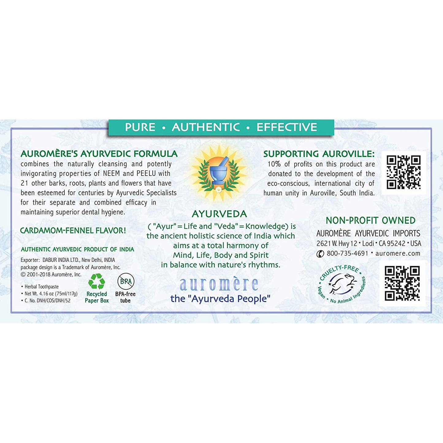 Ayurvedic Herbal Toothpaste Foam-Free Cardamom-Fennel by Auromere - Fluoride-Free, Natural, with Neem, Vegan and Sulfate-Free - 4.16 Oz