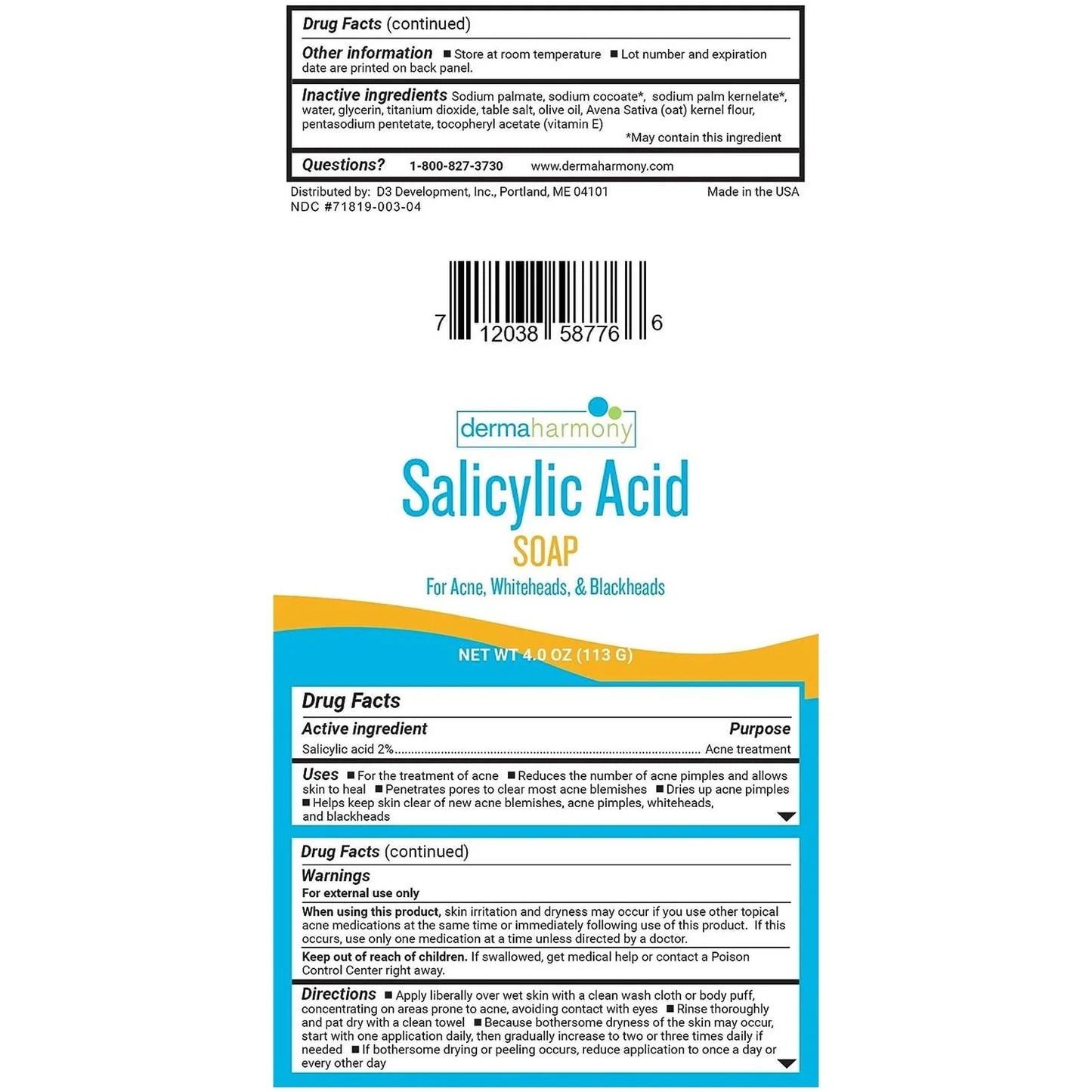 Dermaharmony 2% Salicylic Acid Natural Soap for Acne (4 Oz Bar) - USA in UK